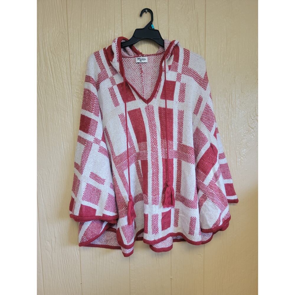 Show Me Your Mumu Womens Kellan Poncho Sweater sz Small Brie Plaid Knit Hoodie